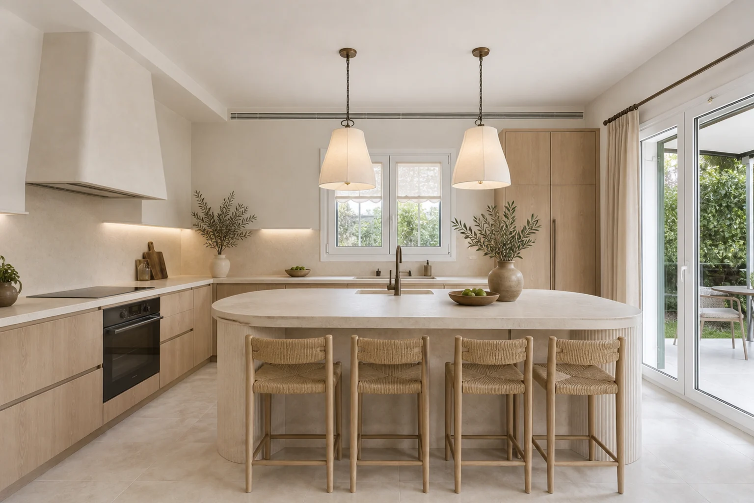 The kitchen run, straight on. AI-generated renovation concept, not a photograph of the house today.