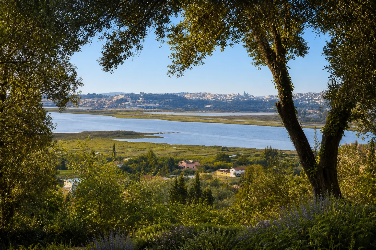 The view from the villa over the Chalikiopoulos lagoon toward Corfu Town