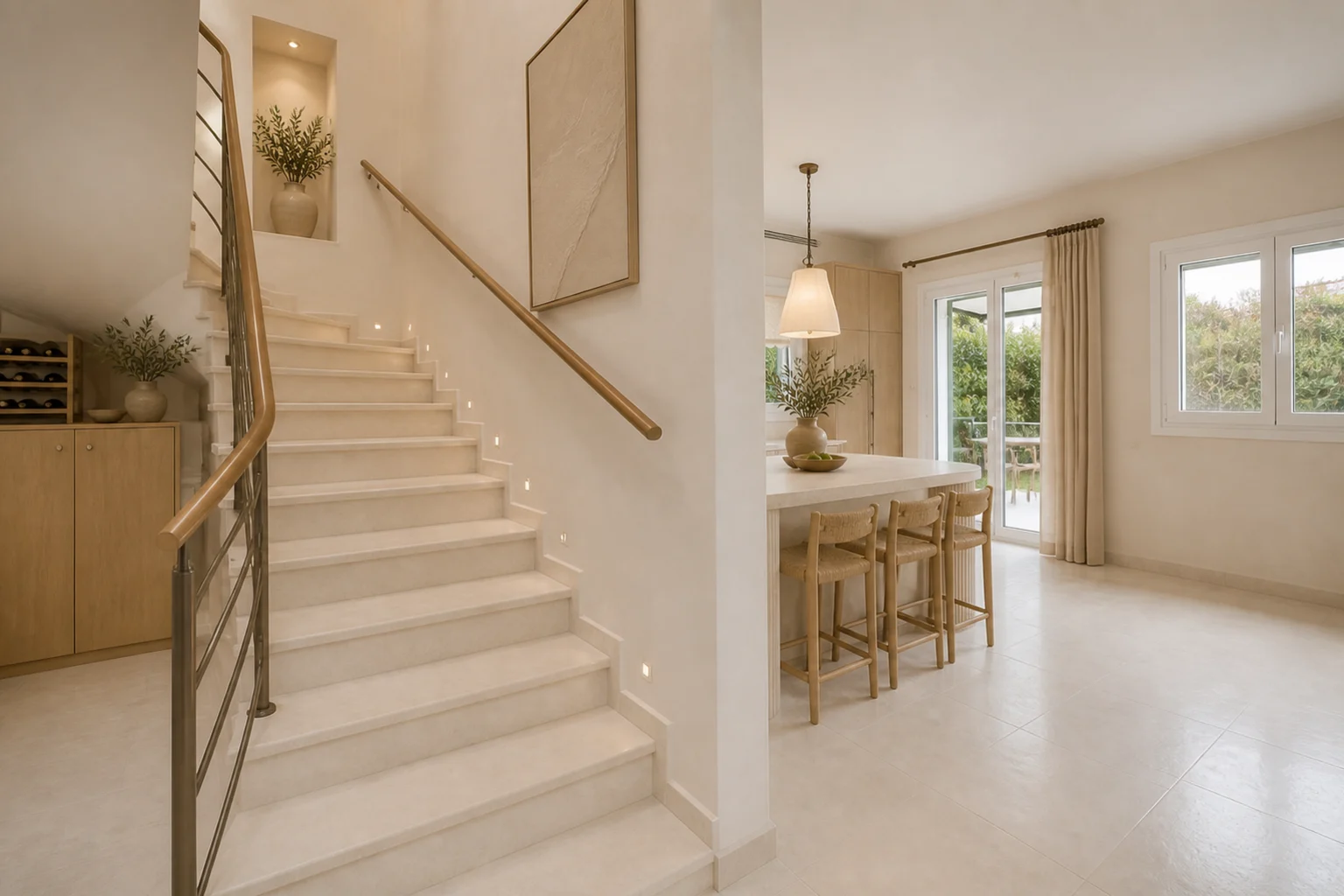 The stair, connecting the kitchen to the floors above. AI-generated renovation concept, not a photograph of the house today.