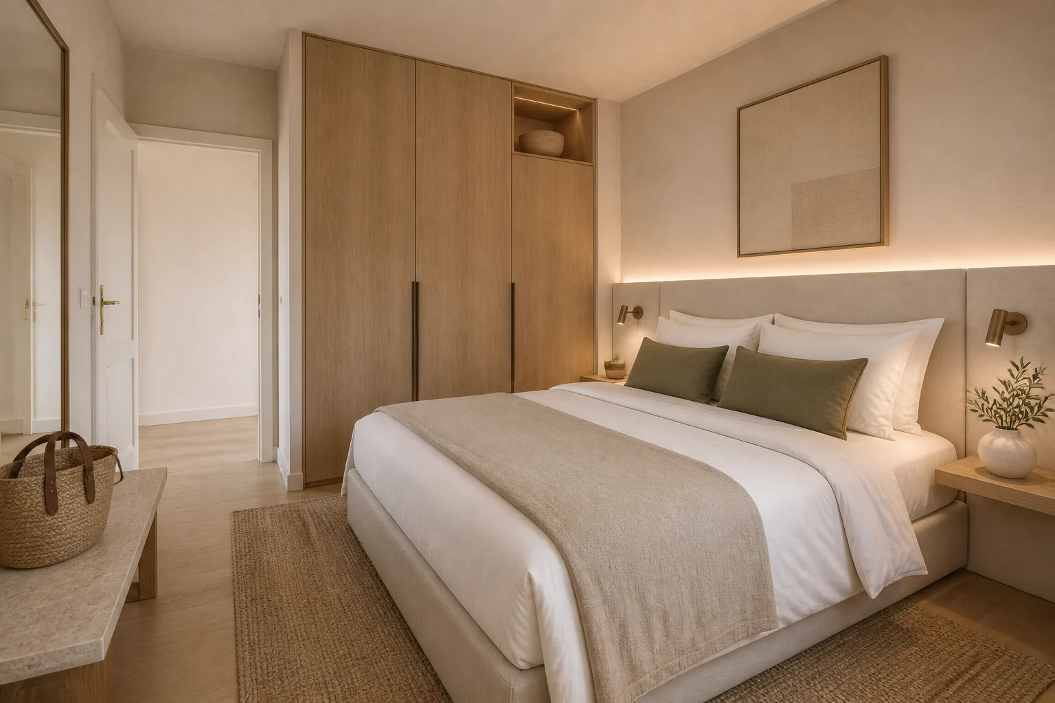 One of the double guest bedrooms. AI-generated renovation concept, not a photograph of the house today.