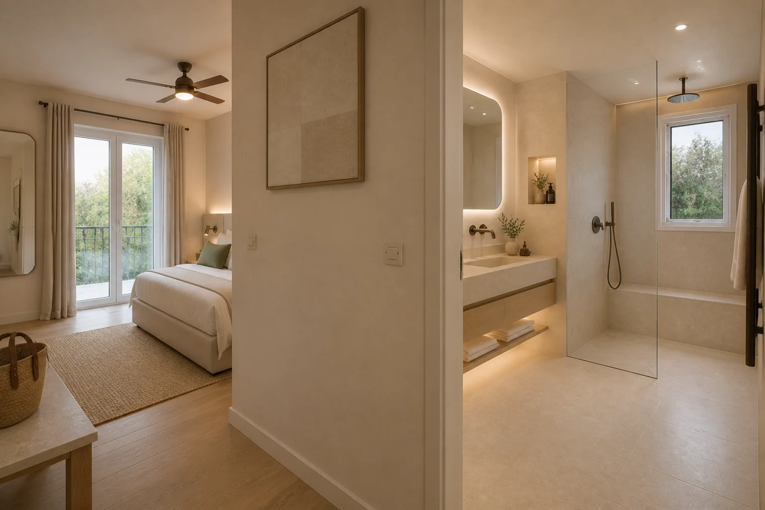 The garden suite en-suite bathroom. AI-generated renovation concept, not a photograph of the house today.