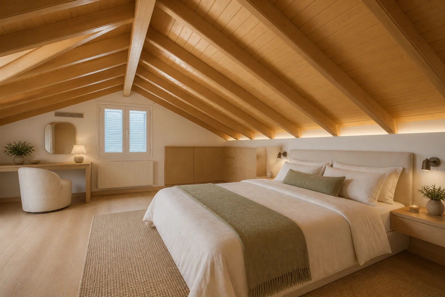 The attic suite bedroom, under the exposed timber roof. AI-generated renovation concept, not a photograph of the house today.