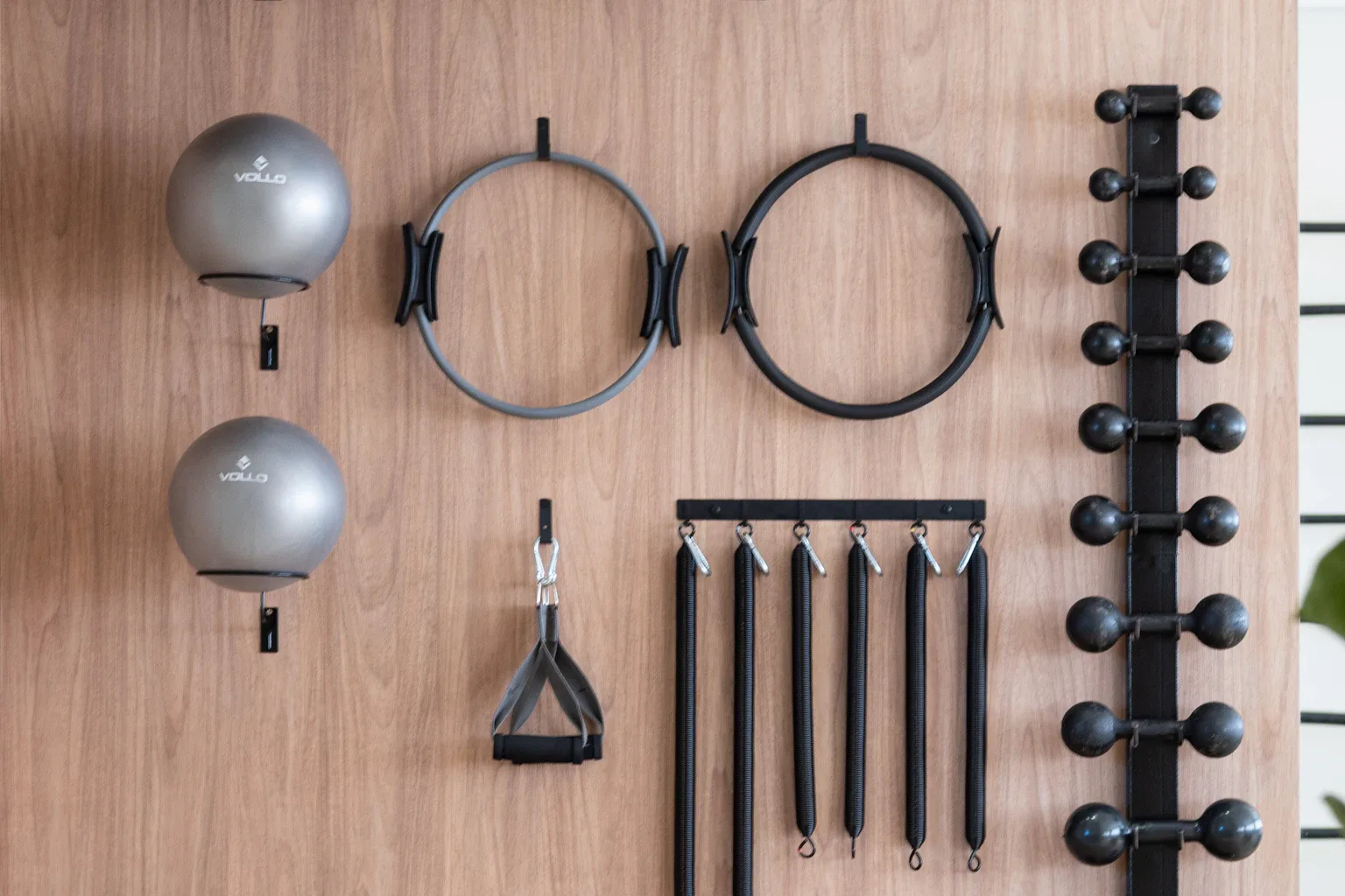 Weights, resistance bands and pilates rings on a wooden gym wall