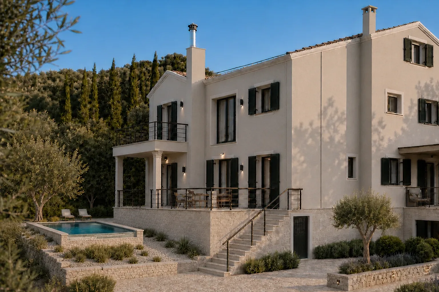 Casa Corfu from the olive grove: three floors in pale render with green shutters, above a stone base. AI-generated renovation concept, not a photograph of the house today.