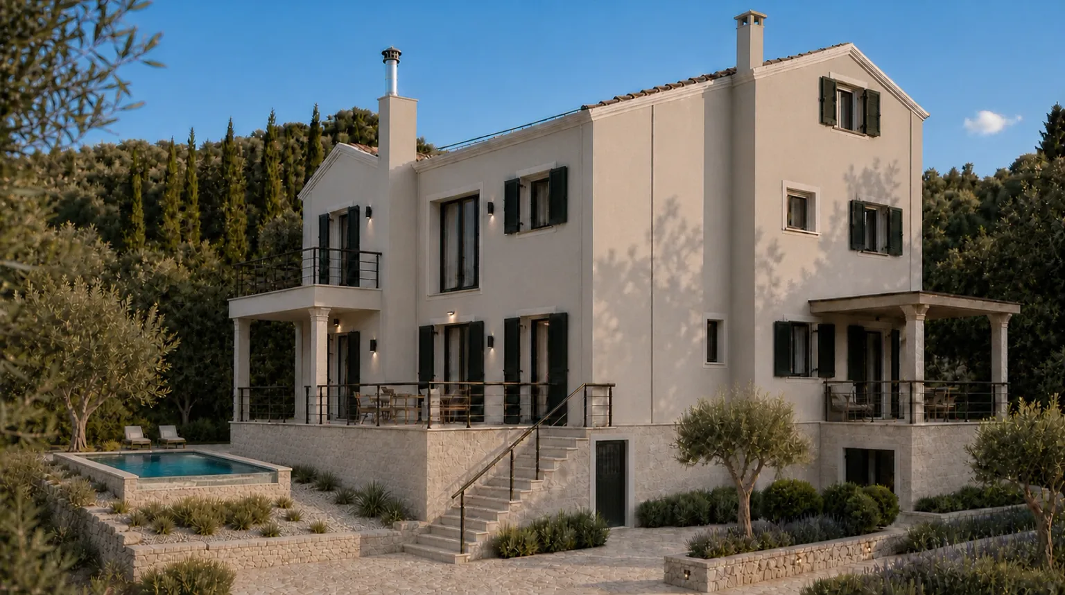 Casa Corfu from the olive grove: three floors in pale render with green shutters above a stone base, verandas at both ends, the pool on the terrace below and a stone stair climbing to the front door. AI-generated renovation concept, not a photograph of the house today.